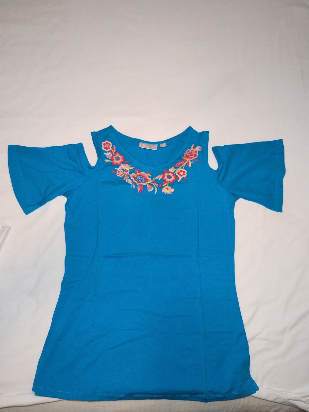 Belle by Kim Gravel Turquoise Cold-Shoulder Floral Embroidered Tee